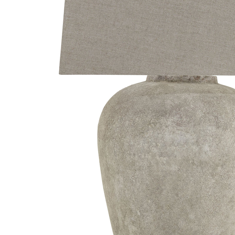 Tall Neutral Aged Stone Table Lamp W/ Linen Shade