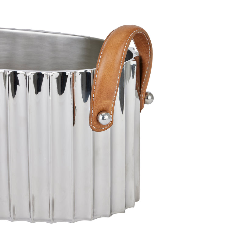 Large Silver Fluted Champagne Cooler With Leather Handles