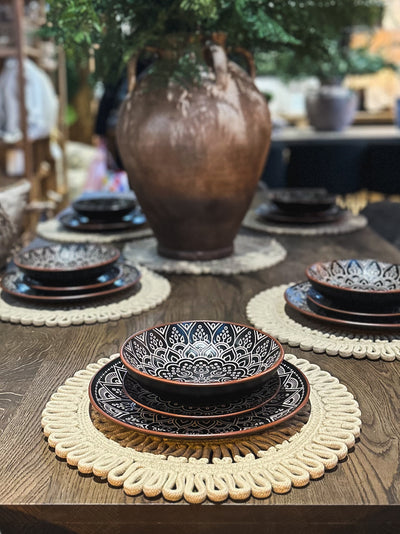 12pc Black & Terracotta Patterned Dinner Set