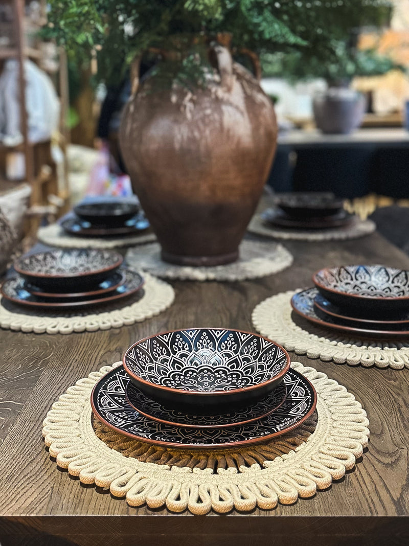 12pc Black & Terracotta Patterned Dinner Set