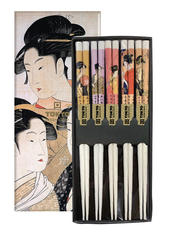 S/5 Geisha Print White Bamboo Chopsticks Set