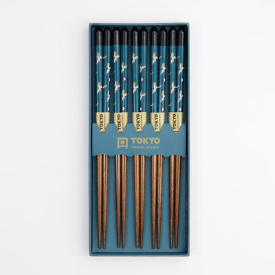 S/5 Teal Crane Chopsticks Giftset