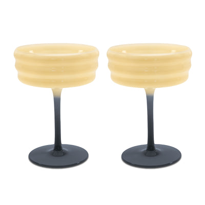 S/2 White & Blue Ribbed Coupe Glasses