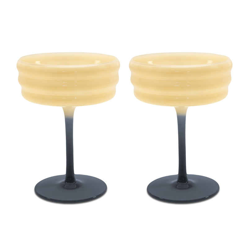S/2 White & Blue Ribbed Coupe Glasses