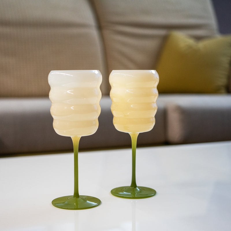S/2 White & Green Ribbed Wine Glasses