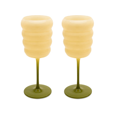 S/2 White & Green Ribbed Wine Glasses