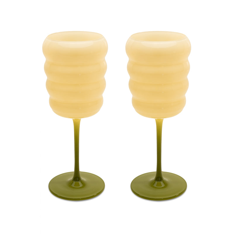 S/2 White & Green Ribbed Wine Glasses