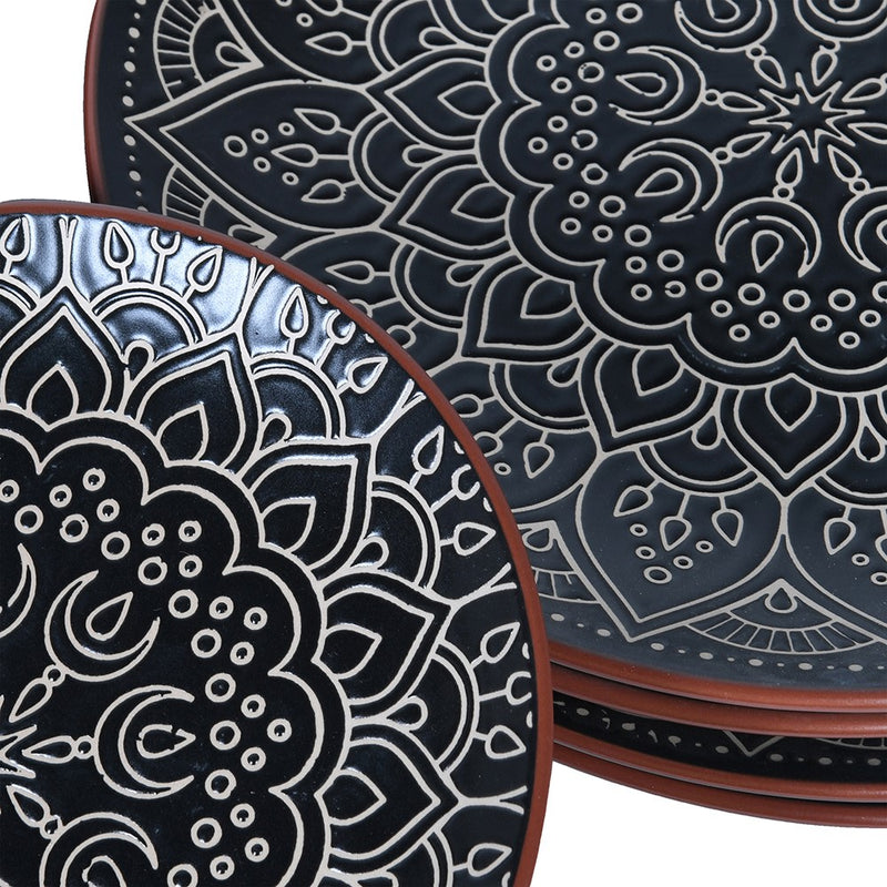 12pc Black & Terracotta Patterned Dinner Set