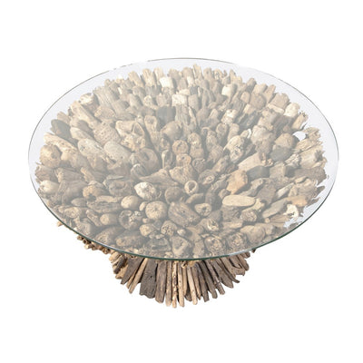 Round Distressed Driftwood Glass Top Coffee Table