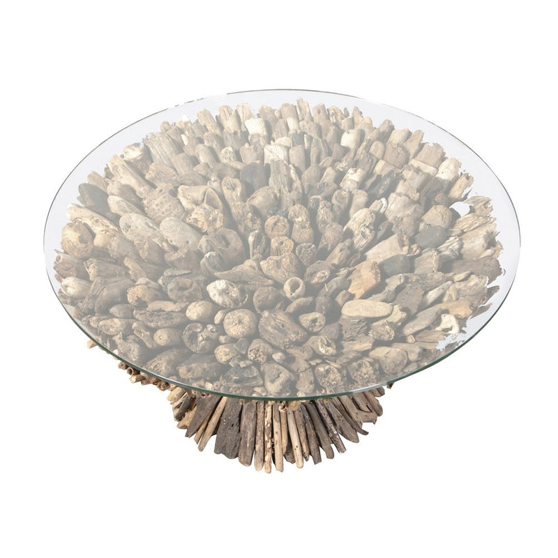 Round Distressed Driftwood Glass Top Coffee Table