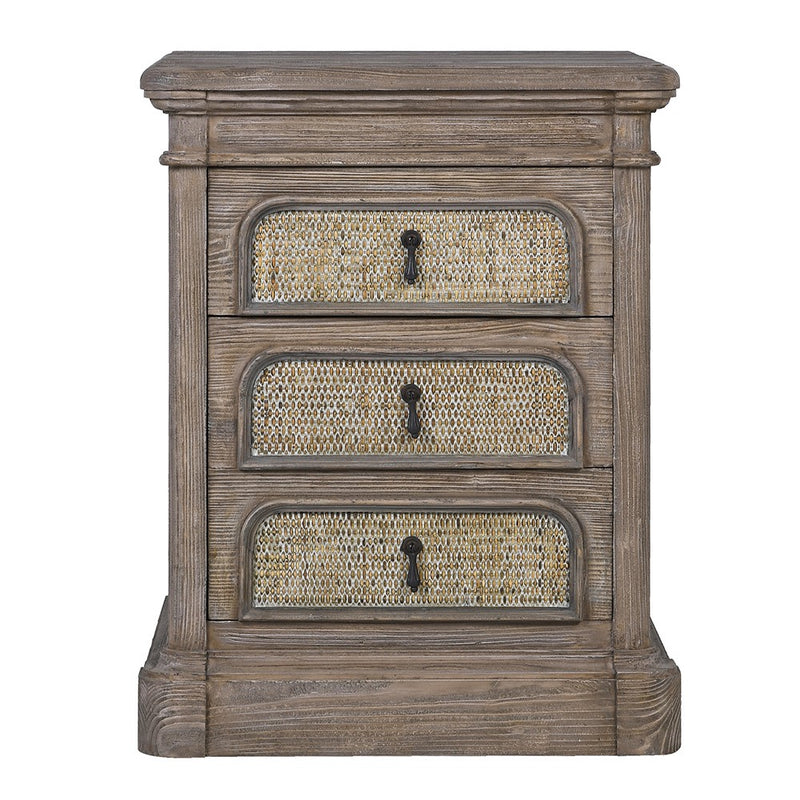 Pine & Rattan 3 Drawer Bedside