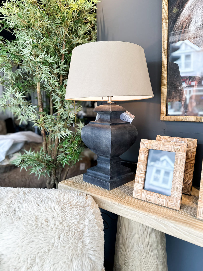 Grey Ornamental Table Lamp W/ Linen Shade
