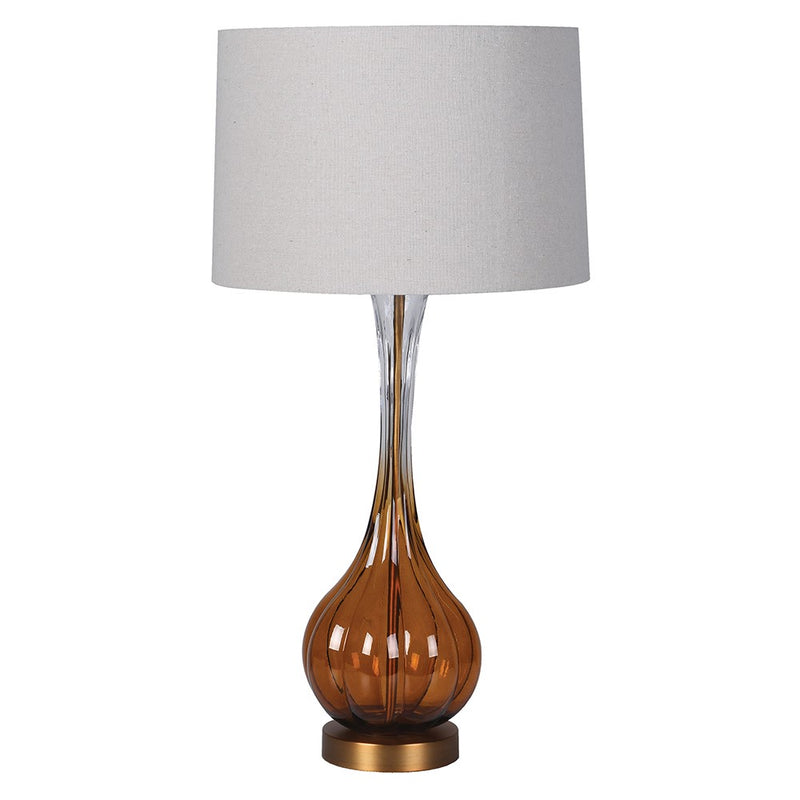 Amber Glass Teardrop Table Lamp W/ Linen Shade