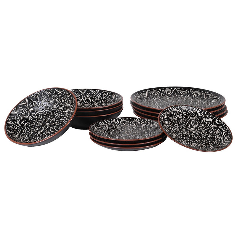 12pc Black & Terracotta Patterned Dinner Set