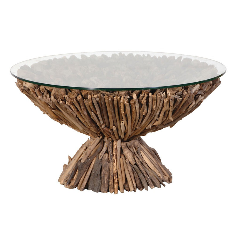 Round Distressed Driftwood Glass Top Coffee Table