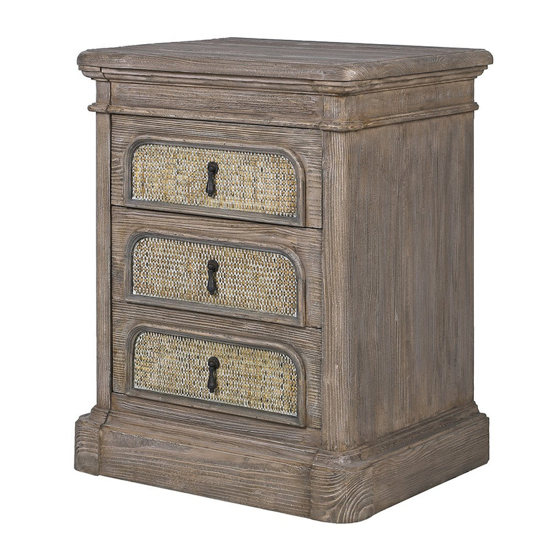 Pine & Rattan 3 Drawer Bedside