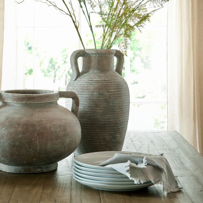 Large Aged Brown Handle Ridged Pot