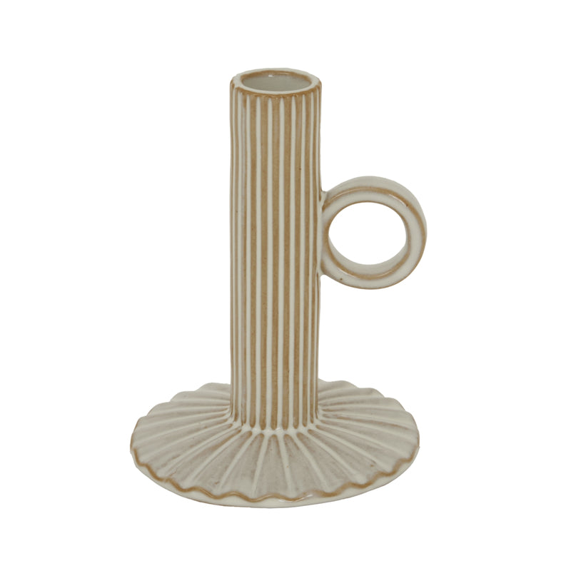 Beige Ceramic Ridged Taper Candle Holder