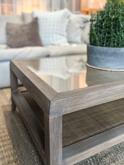 Wood & Rattan Glass Top Coffee Table
