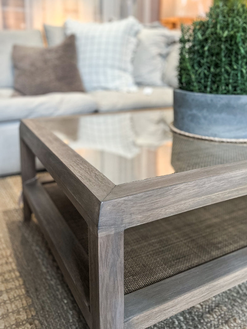 Wood & Rattan Glass Top Coffee Table