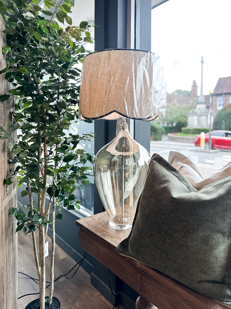 Amber & Chrome Tinted Glass Lamp W/Linen Shade