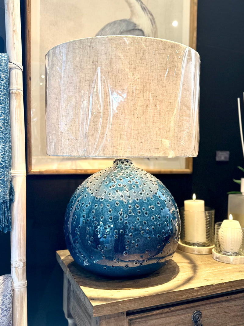 Textured Blue Ceramic Table Lamp with Linen Shade