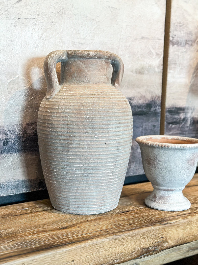 Large Aged Brown Handle Ridged Pot
