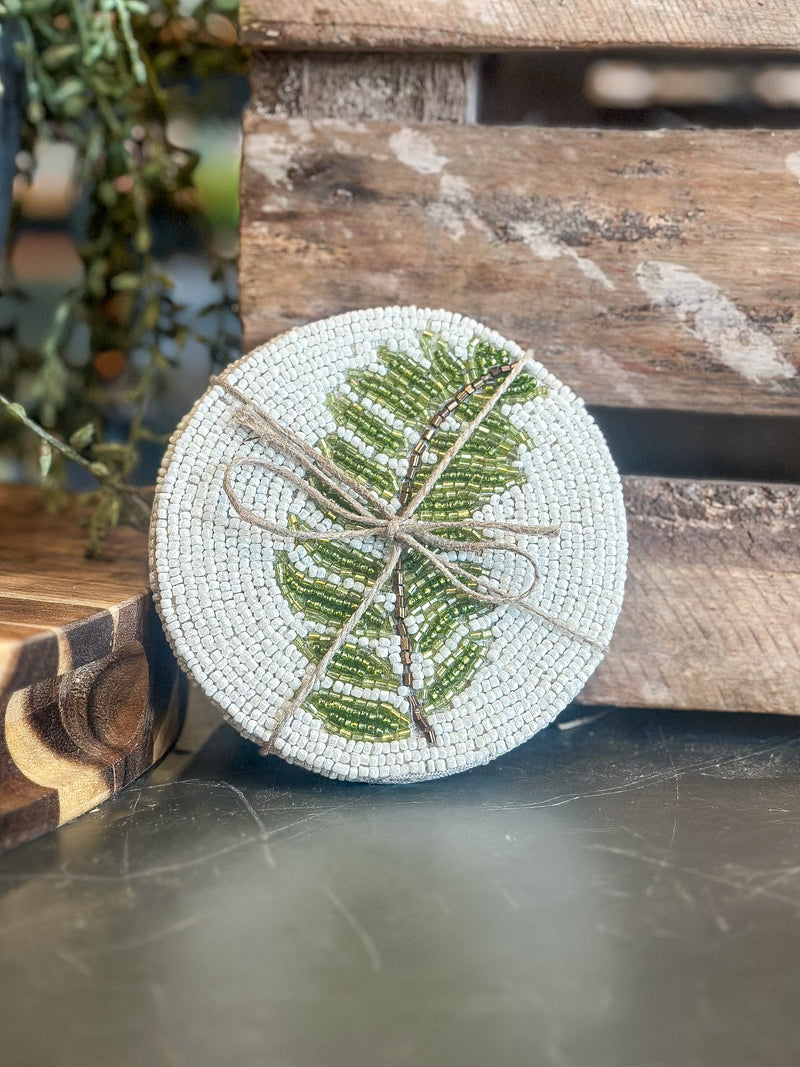 S/4 Green Leaf Beaded Coasters