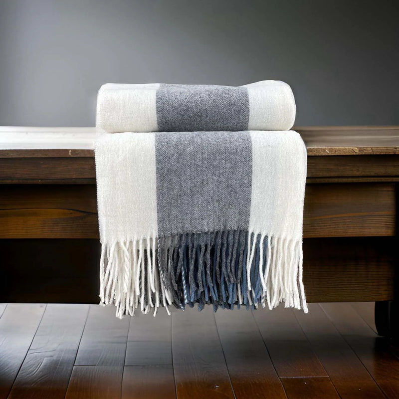 Blue/Grey/White Stripe Wool Tassel Throw 130x180cm