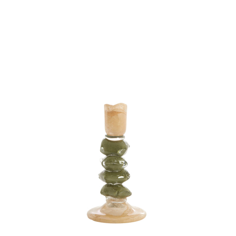 Moss Green & Beige Glass Candlestick
