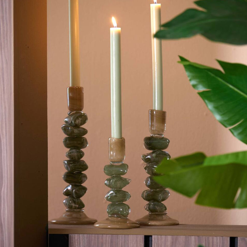 Moss Green & Beige Glass Candlestick