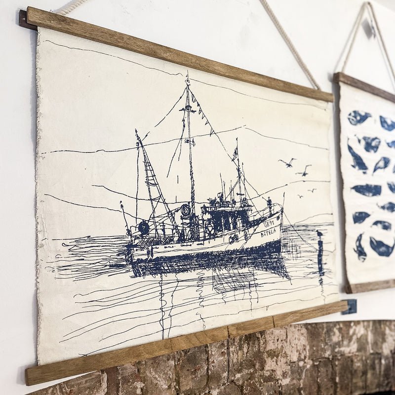 Blue & White Fishing Boat Wall Hanging Canvas