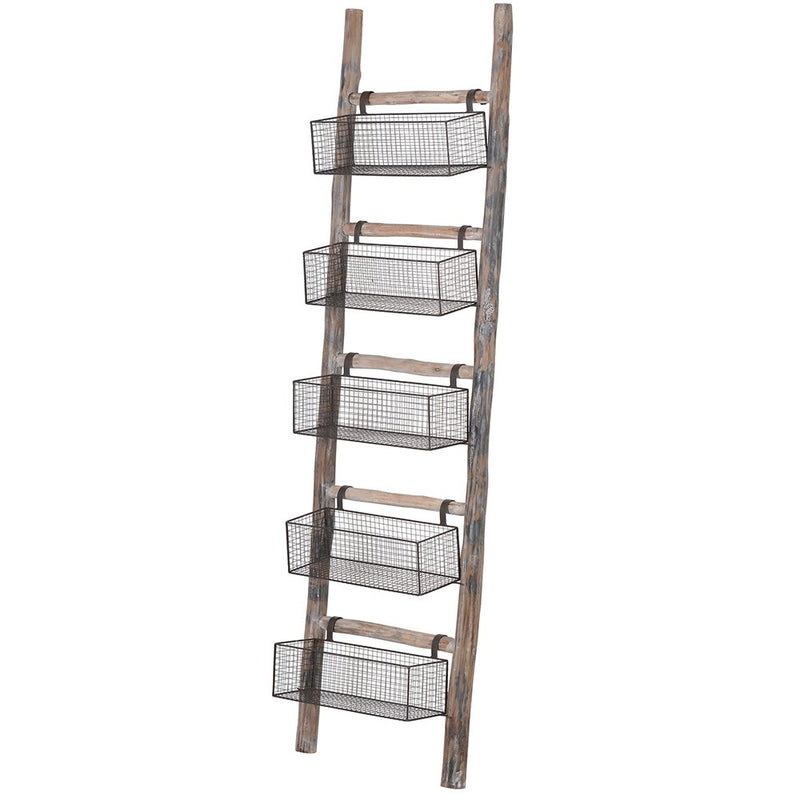 Wood Ladder with Wire Baskets