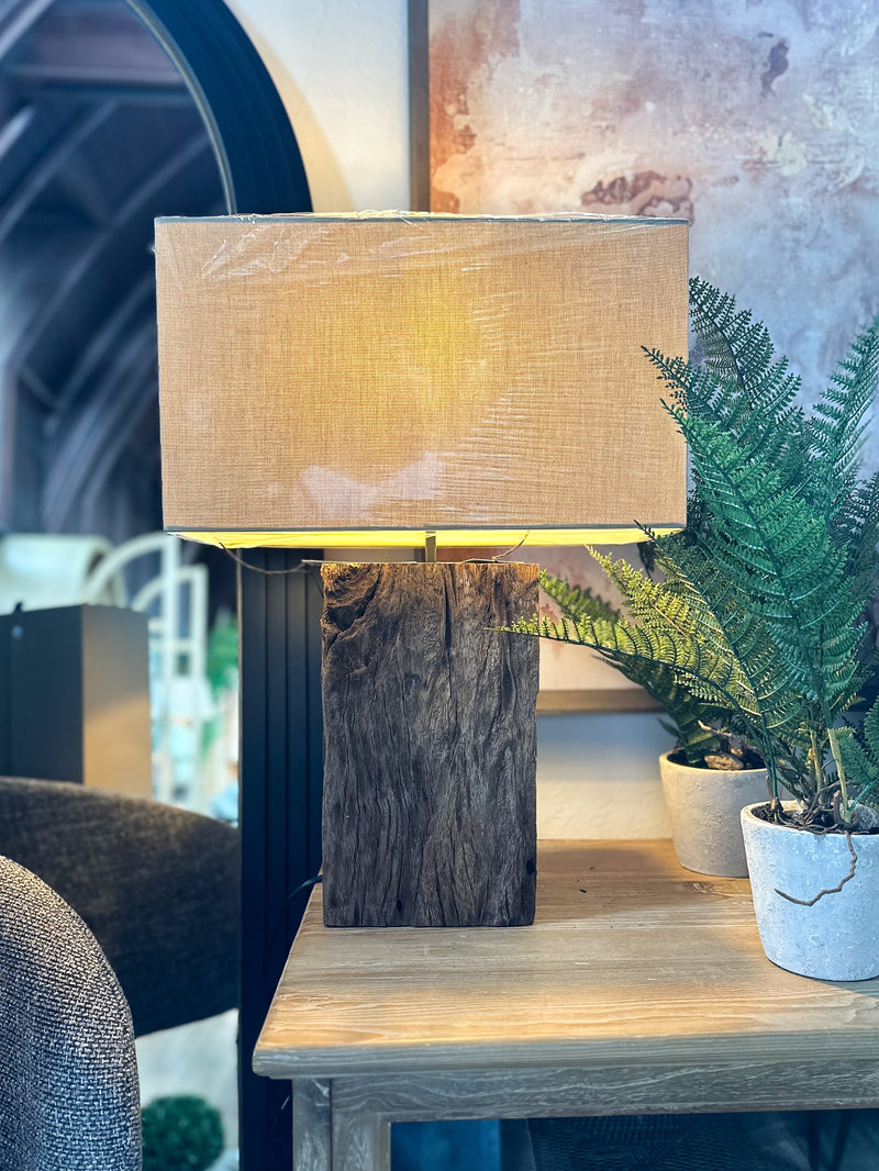 Reclaimed Timber Table Lamp W/ Linen Shade