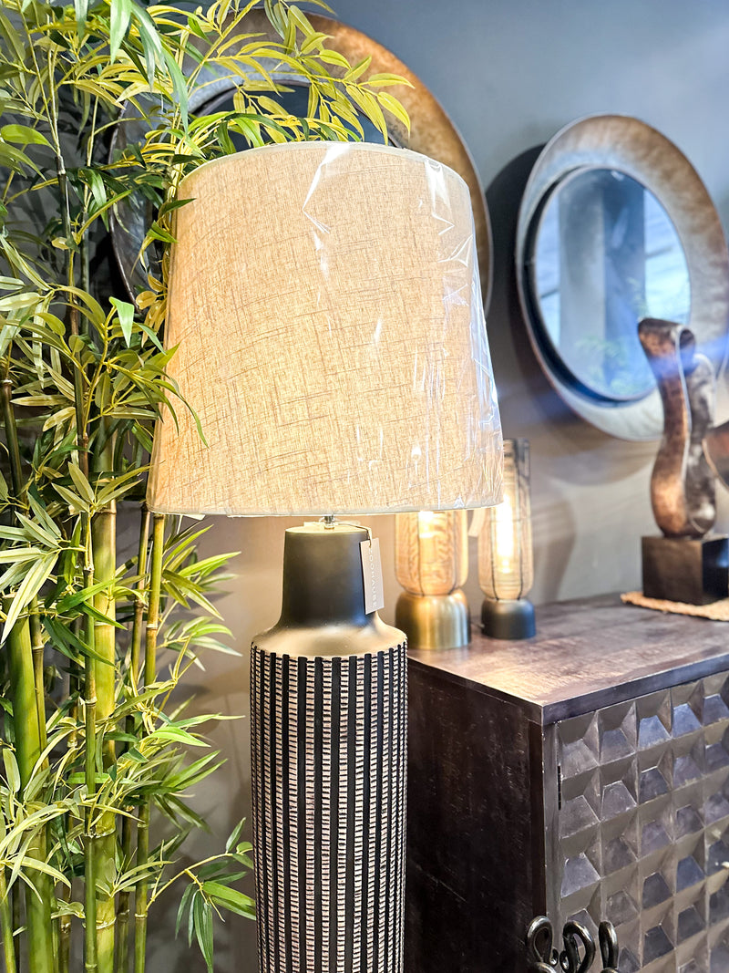 Black Ridged Floor Lamp W/Linen Shade