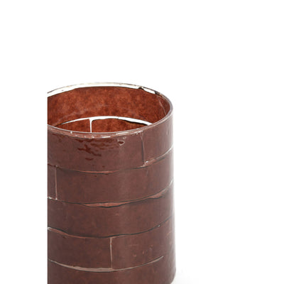 13cm NERI Dark Brown Stripe Glass Tealight Holder