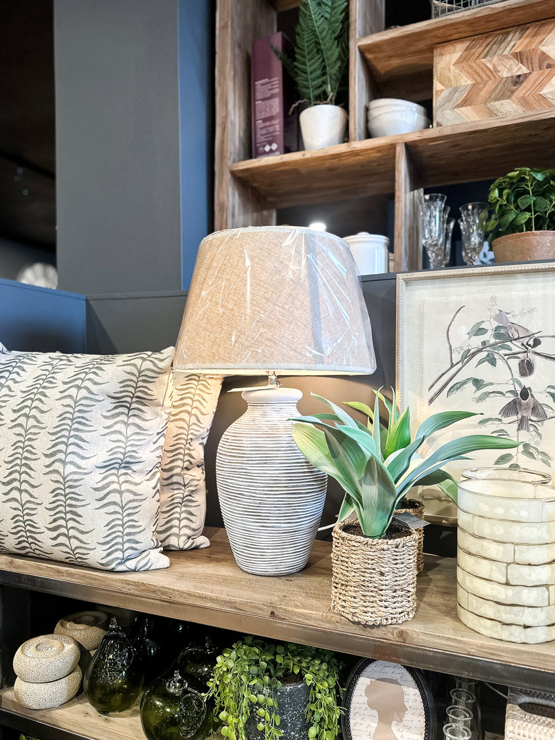 White Washed Ridge Table Lamp W/ Linen Shade