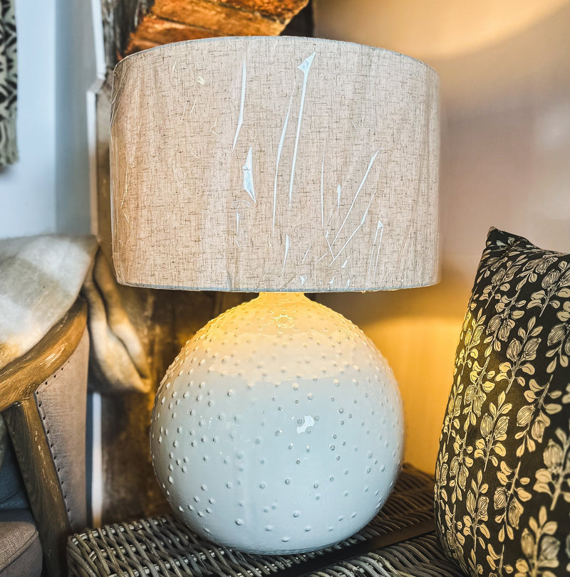 White Textured Table Lamp W/ Linen Shade