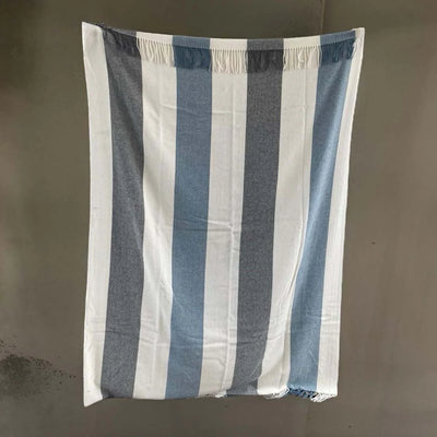 Blue/Grey/White Stripe Wool Tassel Throw 130x180cm