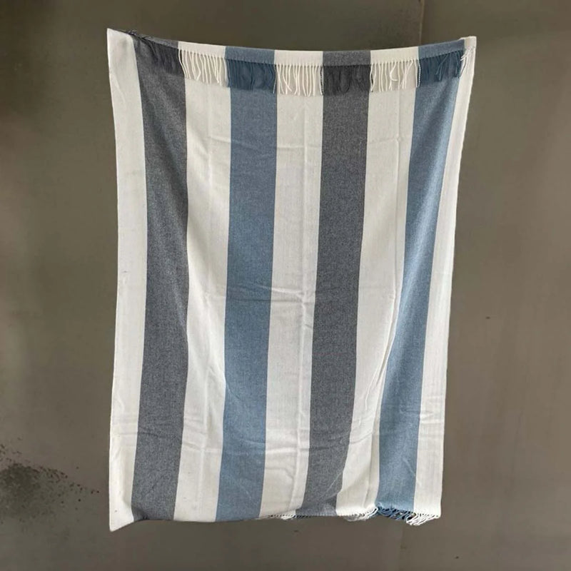 Blue/Grey/White Stripe Wool Tassel Throw 130x180cm