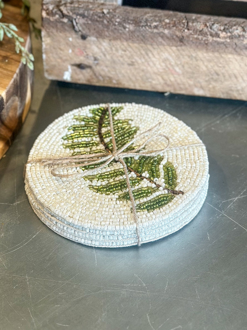 S/4 Green Leaf Beaded Coasters