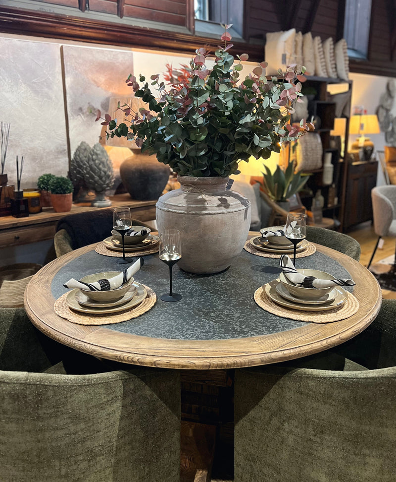 Reclaimed Elm & Zinc Top Round Dining Table