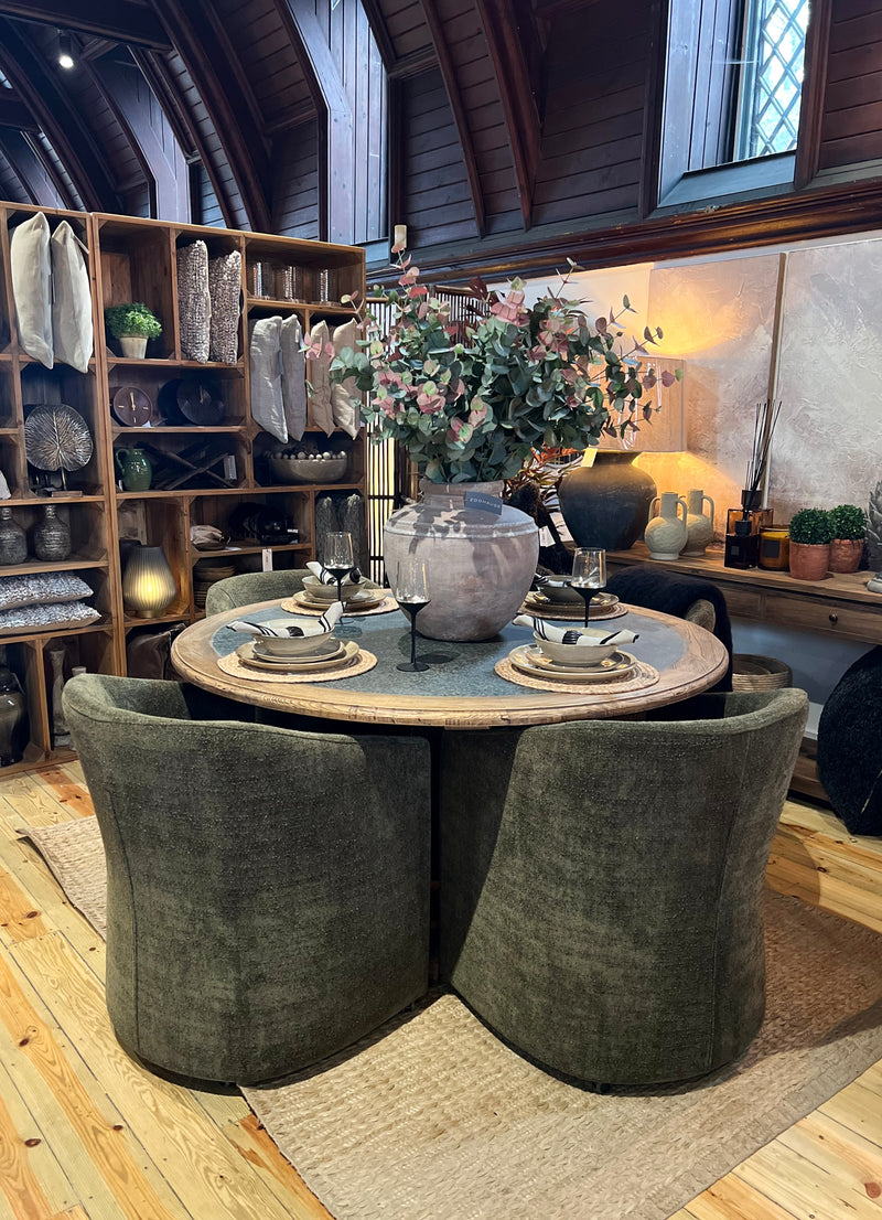 Reclaimed Elm & Zinc Top Round Dining Table