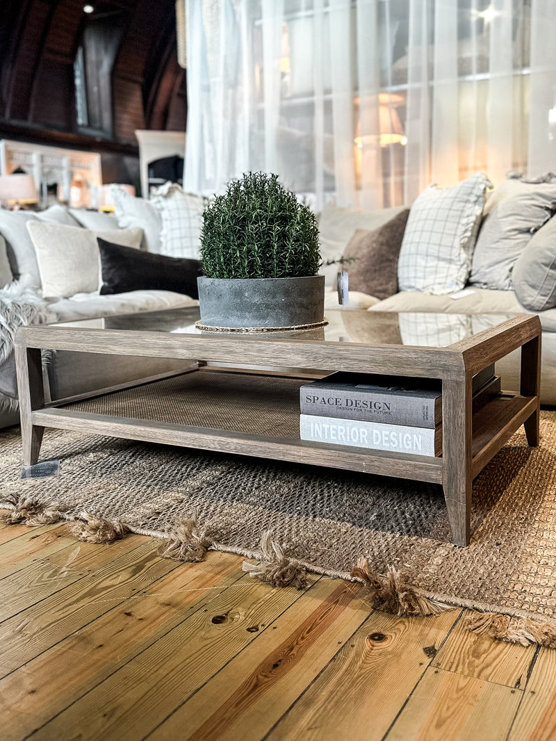 Wood & Rattan Glass Top Coffee Table
