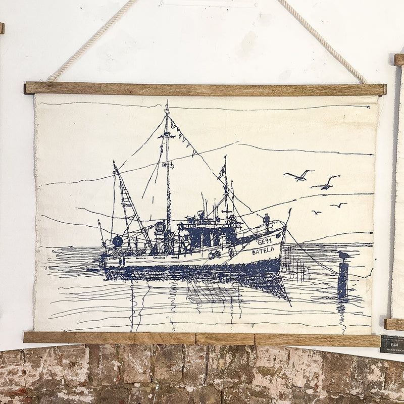 Blue & White Fishing Boat Wall Hanging Canvas
