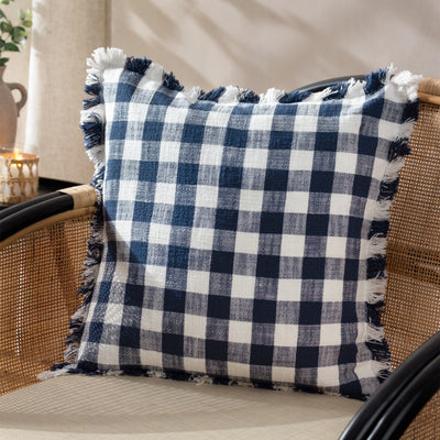 Navy Check Fringed Cushion