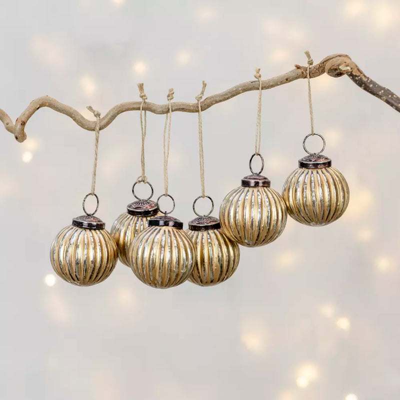 S/6 Antique Gold Ribbed Bauble