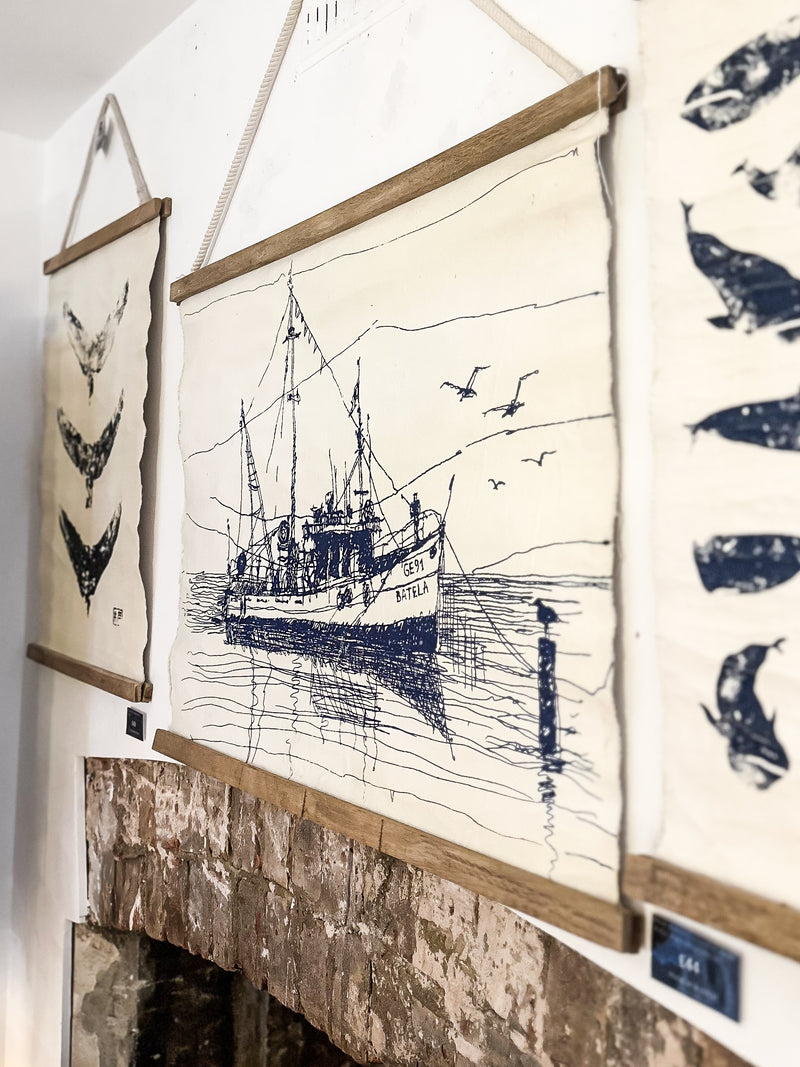Blue & White Fishing Boat Wall Hanging Canvas