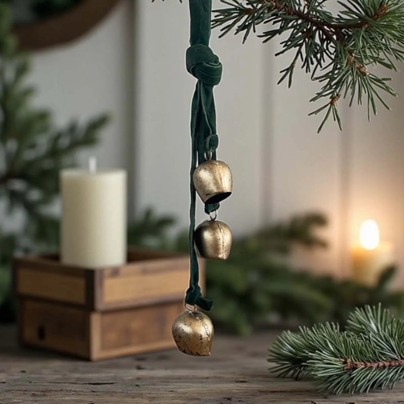 Gold Cow Bells On Green Velvet Ribbon