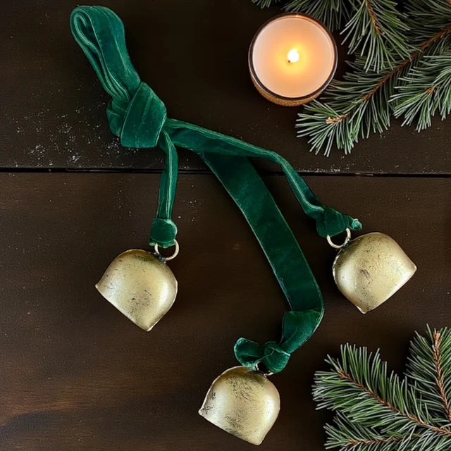 Gold Cow Bells On Green Velvet Ribbon